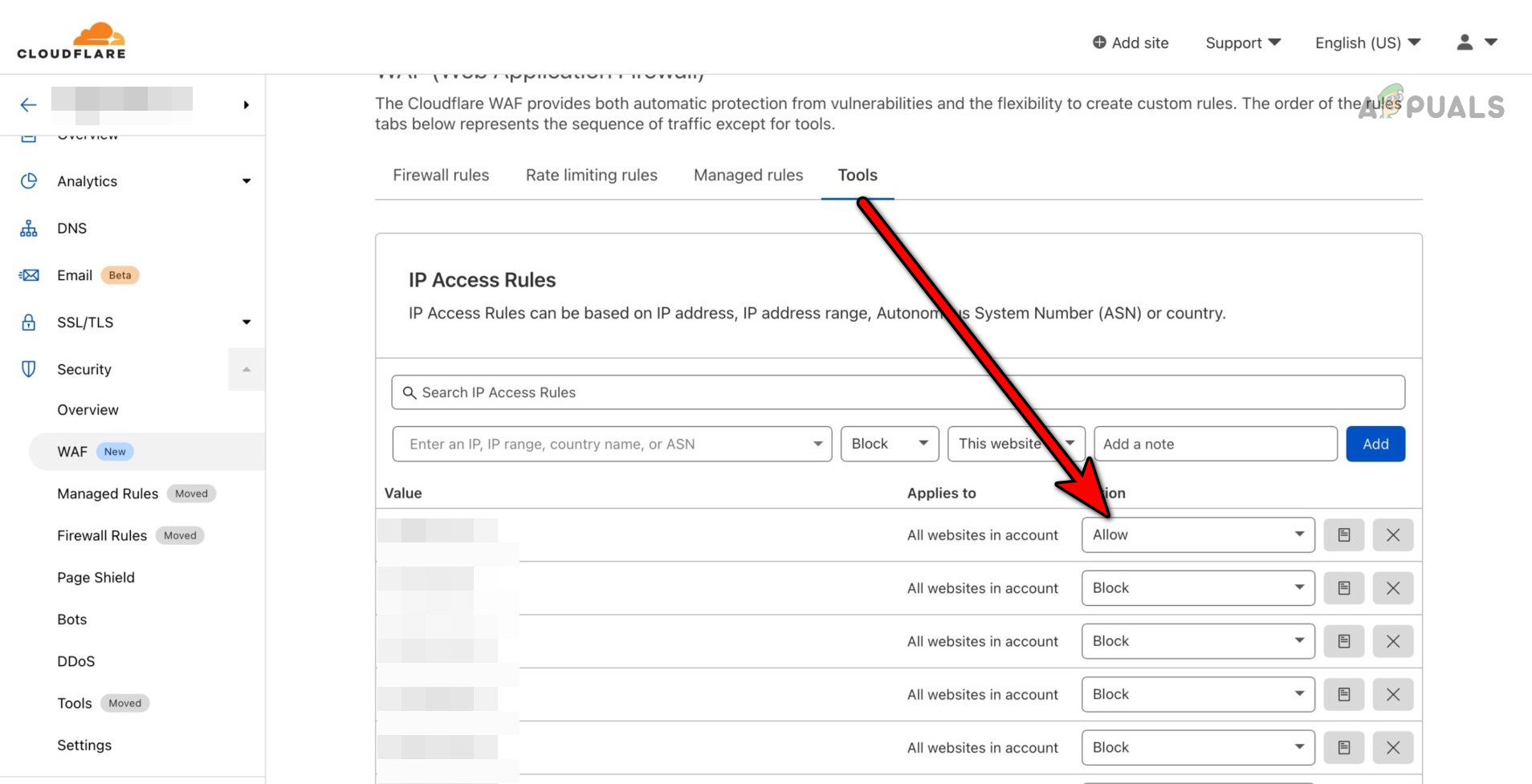 Add the IP as an Allowed One in the Cloudflare's WAF Tools