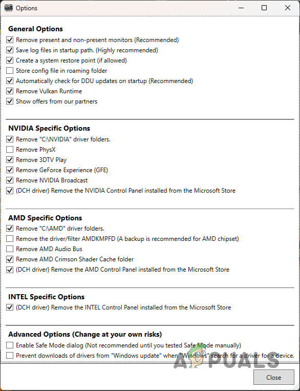 DDU Options Screen